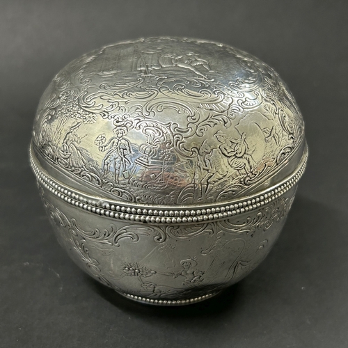 187 - An antique German 800 grade silver repousse lidded bowl or tea caddy, decorated with classical figur... 