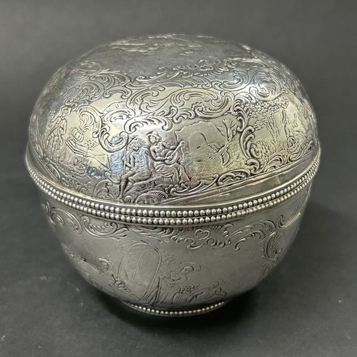 187 - An antique German 800 grade silver repousse lidded bowl or tea caddy, decorated with classical figur... 