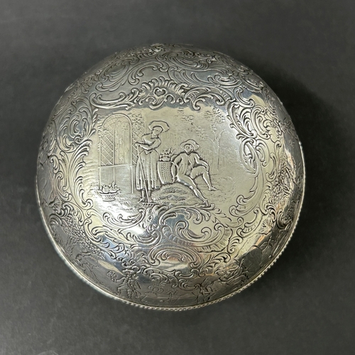 187 - An antique German 800 grade silver repousse lidded bowl or tea caddy, decorated with classical figur... 