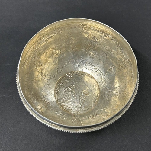 187 - An antique German 800 grade silver repousse lidded bowl or tea caddy, decorated with classical figur... 