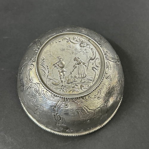 187 - An antique German 800 grade silver repousse lidded bowl or tea caddy, decorated with classical figur... 