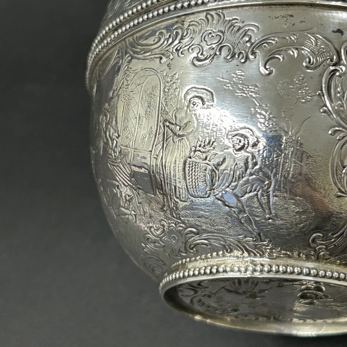 187 - An antique German 800 grade silver repousse lidded bowl or tea caddy, decorated with classical figur... 