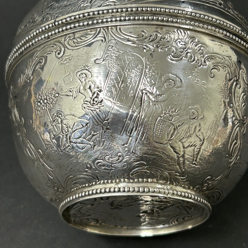 187 - An antique German 800 grade silver repousse lidded bowl or tea caddy, decorated with classical figur... 