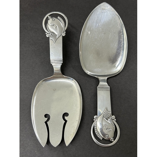 191 - A pair of vintage Danish sterling silver fish servers, dated for 1946, maker Johannes Siggaard, appr... 