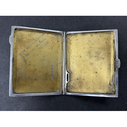 197 - A hallmarked silver cigarette case with dedication to inside, Birmingham, approx. 3 1/4