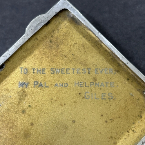 197 - A hallmarked silver cigarette case with dedication to inside, Birmingham, approx. 3 1/4