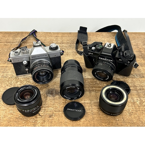 218 - Two Praktica 35mm film cameras with two associated lenses and a converter (all untested and in used ... 