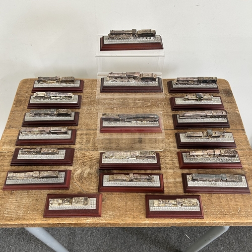234 - Nineteen pewter famous steam trains on stands by Legends of Steam, with certificates, all approx. 6