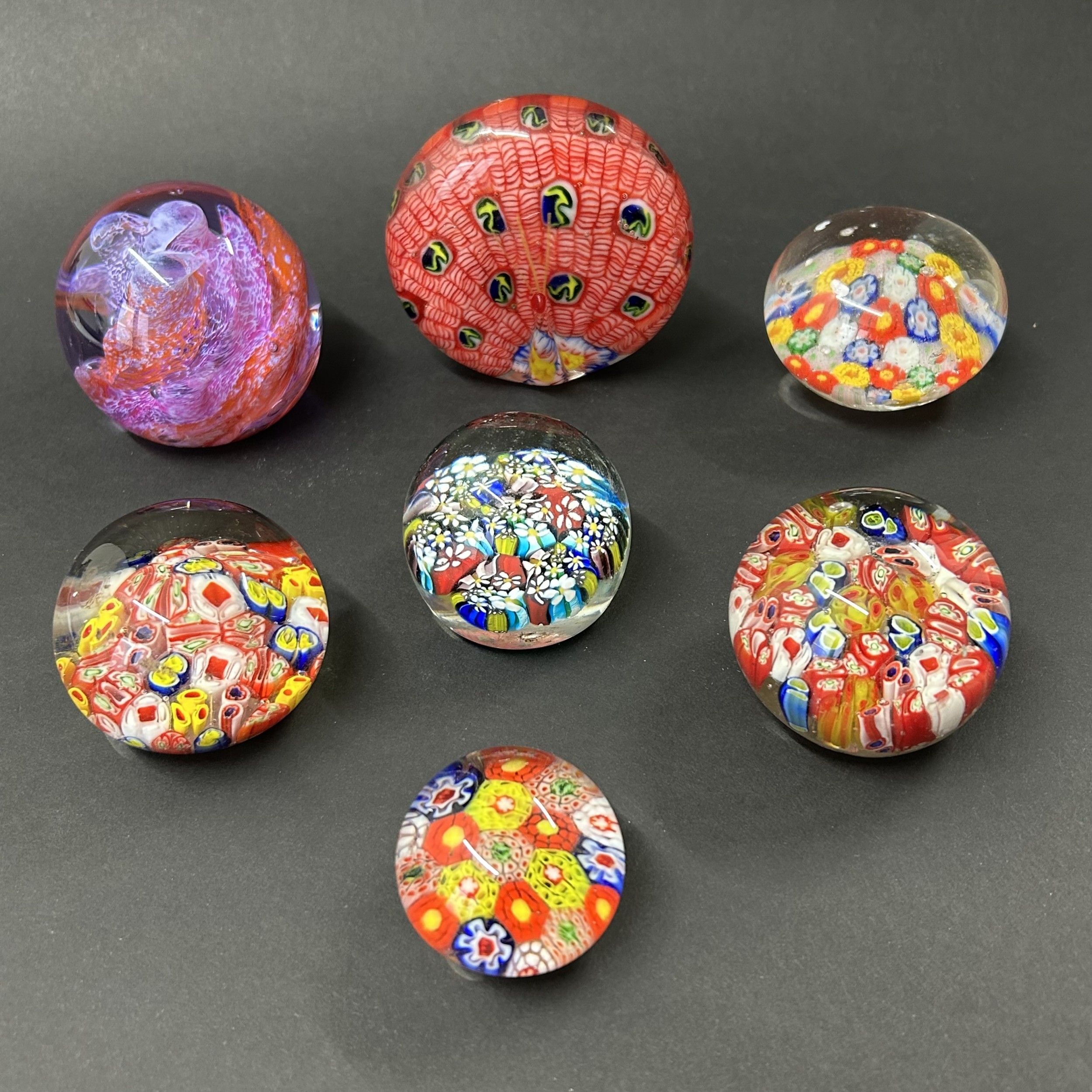 Various Millefiori style glass paperweights plus a Caithness Brimstone ...