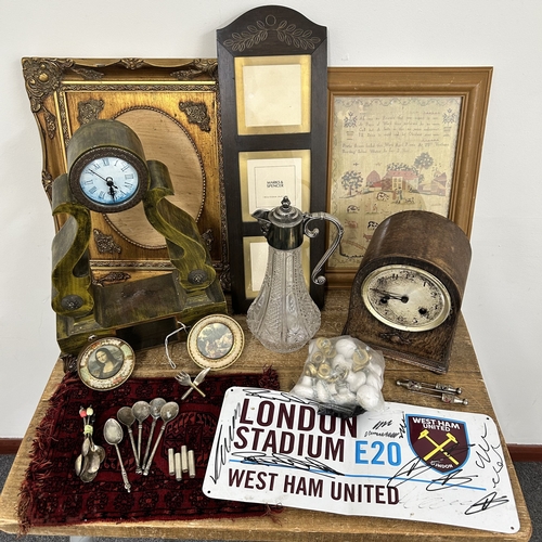 61 - Mixed items including clocks (as found), a picture frame, claret jug etc
