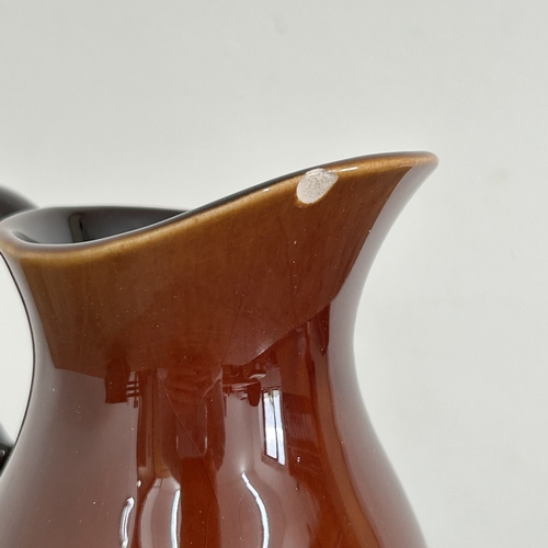 71 - A 'Boulton' West Country made brown six setting coffee set (chip to underside of milk spout)