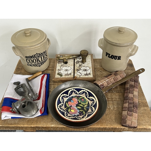 72 - A quantity of kitchenalia including a Spong mincer, ceramic jars (lids as found), copper saucepan, c... 