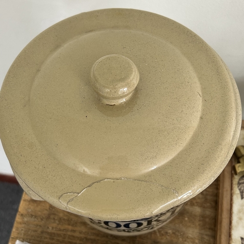 72 - A quantity of kitchenalia including a Spong mincer, ceramic jars (lids as found), copper saucepan, c... 