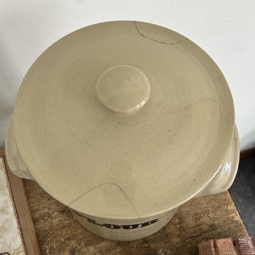 72 - A quantity of kitchenalia including a Spong mincer, ceramic jars (lids as found), copper saucepan, c... 