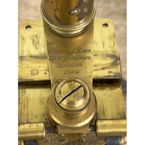 81 - A boxed Victorian Watson & Sons High Holborn London brass microscope, drawer in case containing clea... 