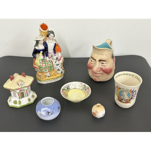 85 - A vintage Sarreguemines character jug, Royal Copenhagen pot, Coalport pastille burner, mini Doulton ... 