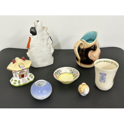 85 - A vintage Sarreguemines character jug, Royal Copenhagen pot, Coalport pastille burner, mini Doulton ... 