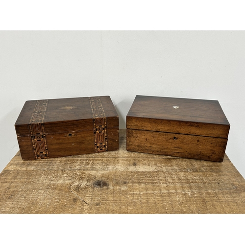 97 - Two 19th Century wooden boxes, one with marquetry bands, both with void interiors
