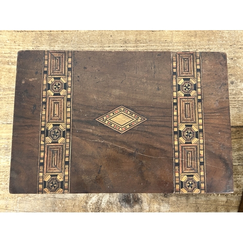 97 - Two 19th Century wooden boxes, one with marquetry bands, both with void interiors