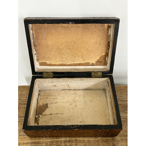 97 - Two 19th Century wooden boxes, one with marquetry bands, both with void interiors