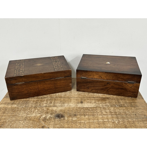 97 - Two 19th Century wooden boxes, one with marquetry bands, both with void interiors