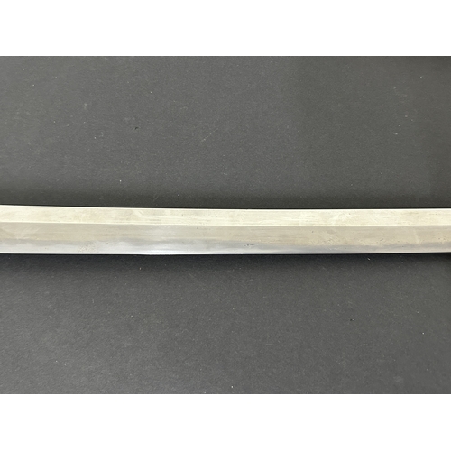 200 - An antique Japanese Katana in a natural wood scabbard, no marks to tang, polished blade with hamon m... 