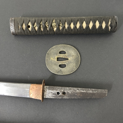 201 - An antique Wakizashi Japanese sword in a lacquered wooden scabbard with re-attached loop, polished b... 