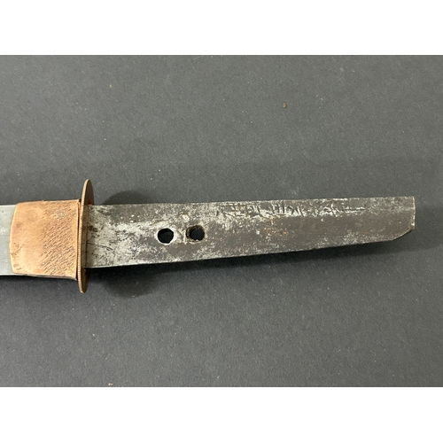 201 - An antique Wakizashi Japanese sword in a lacquered wooden scabbard with re-attached loop, polished b... 