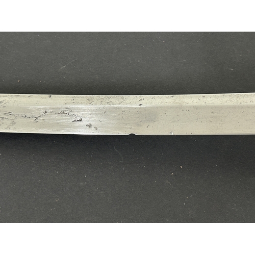 201 - An antique Wakizashi Japanese sword in a lacquered wooden scabbard with re-attached loop, polished b... 