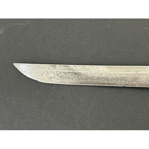 201 - An antique Wakizashi Japanese sword in a lacquered wooden scabbard with re-attached loop, polished b... 