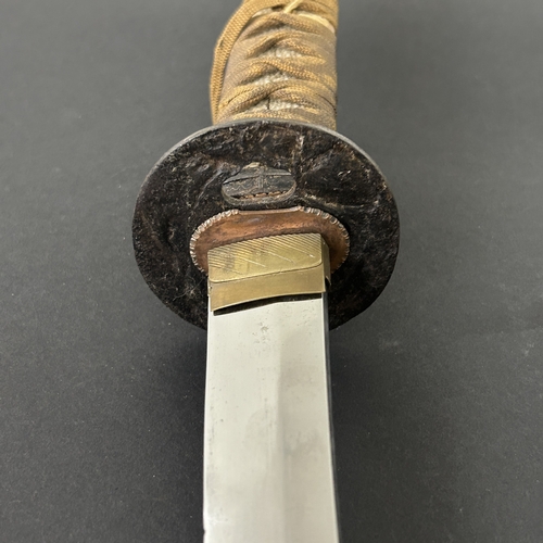 205 - An antique Wakizashi Japanese sword in scabbard, polished blade, hamon marks present, very old Tsuba... 