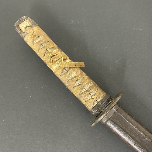 205 - An antique Wakizashi Japanese sword in scabbard, polished blade, hamon marks present, very old Tsuba... 