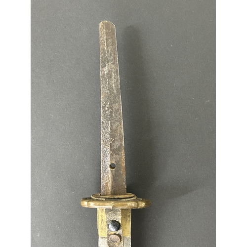 206 - A Japanese Shin-Gunto sword in leather covered scabbard, polished blade, Tsuka with Menukis, signed ... 