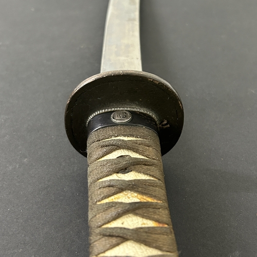 207 - A Japanese Katana in a wooden scabbard, the blade has been sharpened and is polished, plain Tsuba, b... 