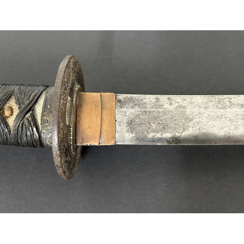 208 - An antique Japanese Wakizashi in non-matching leather covered wooden scabbard, polished blade, a Tsu... 