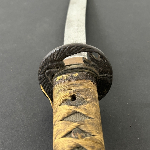212 - A Japanese Wakizashi sword with polished blade, unusual Tsuba and well used Tsuka, with Menukis, bla... 