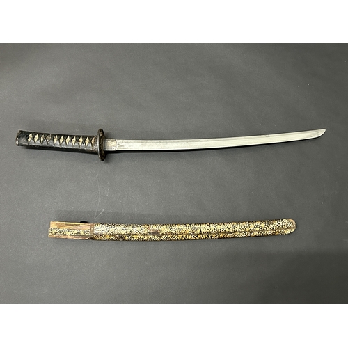 213 - An antique Wakizashi Japanese sword in a wooden scabbard with ray skin, polished blade, signed tang,... 