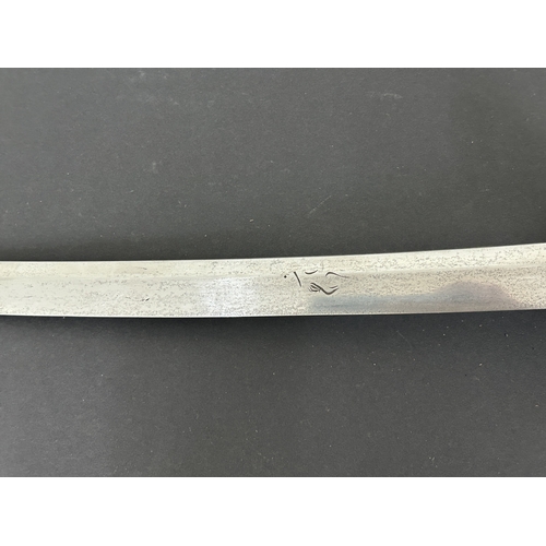 214 - An antique Wakizashi Japanese sword in a wooden scabbard, polished blade with an unusual mark, light... 