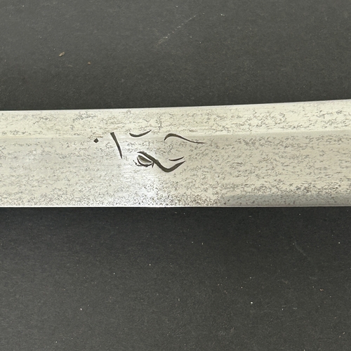 214 - An antique Wakizashi Japanese sword in a wooden scabbard, polished blade with an unusual mark, light... 