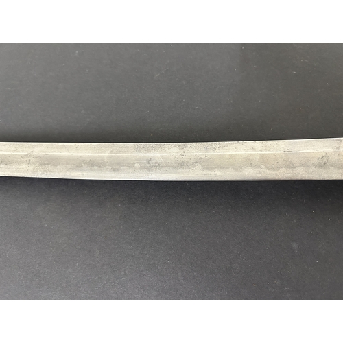 215 - A Shin-Gunto Japanese sword in a leather covered metal military scabbard, old blade with hamon marks... 