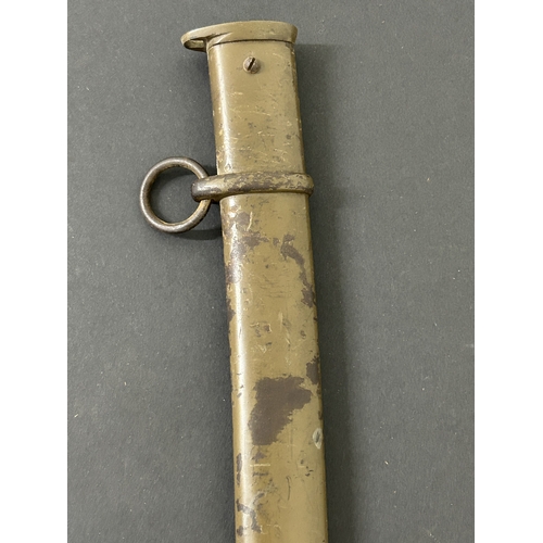 216 - A Shin-Gunto Japanese sword, standard WW2 issue in a dark green scabbard, military mounts with sword... 
