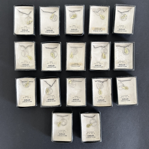 123 - Seventeen boxed 'Niello' sterling silver signs of the zodiac necklaces