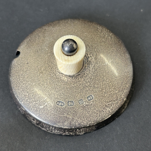 125 - A silver plated base preserve stand with a hallmarked silver lid and spoon, with 'broad arrow' mark ... 