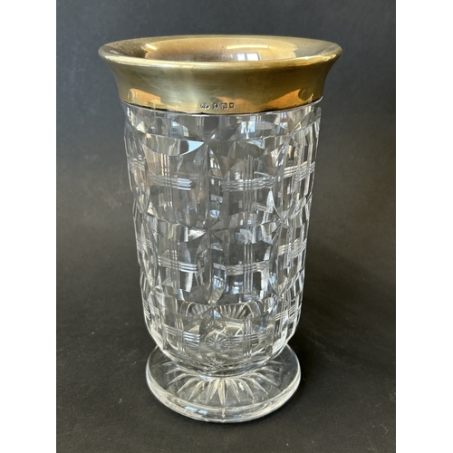 135 - A hallmarked silver rim cut glass celery vase/candle holder/flower vase, approx. 7 1/2