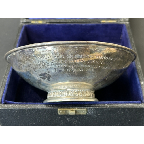 136 - A boxed mid century hallmarked silver footed bowl, bears Coronation 1953 hallmarks and engraved dedi... 