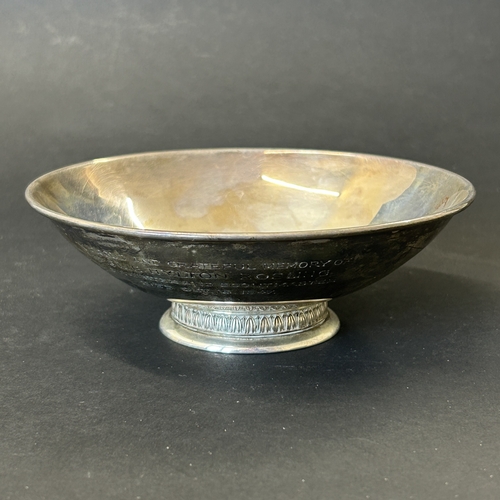 136 - A boxed mid century hallmarked silver footed bowl, bears Coronation 1953 hallmarks and engraved dedi... 