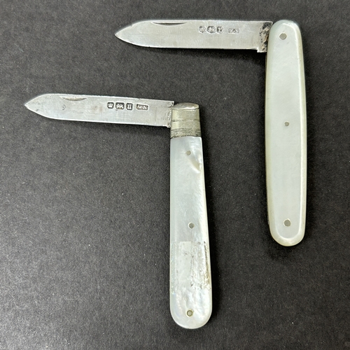 156 - Two hallmarked silver bladed fruit/penknives, both with mother of pearl handles (some damage to tips... 