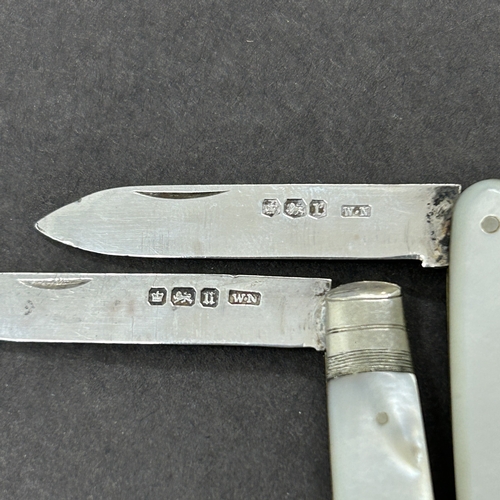 156 - Two hallmarked silver bladed fruit/penknives, both with mother of pearl handles (some damage to tips... 