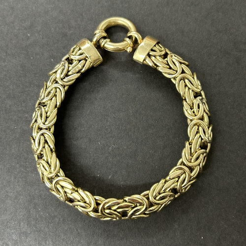 163 - A stunning 585 (14ct gold) byzantine link bracelet with applied plaque for 'Cetas 585', fine gold je... 