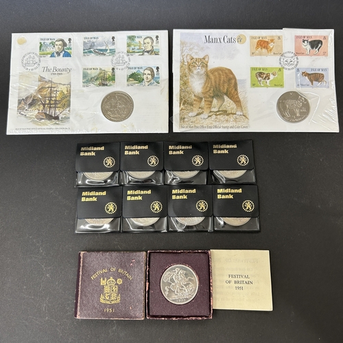 170 - Eight 1980 QEII commemoratives together with a 1951 Festival of Britain five shillings and two Isle-... 